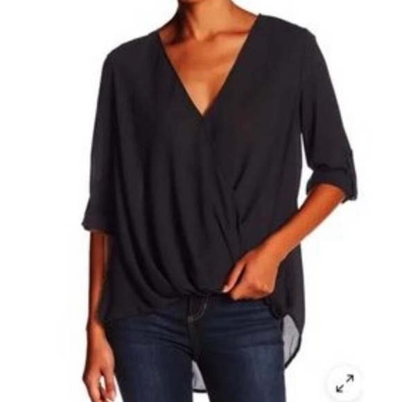 Pleione Tops - Pleione | surplice Black Faux Wrap Roll Up Sleeves Blouse